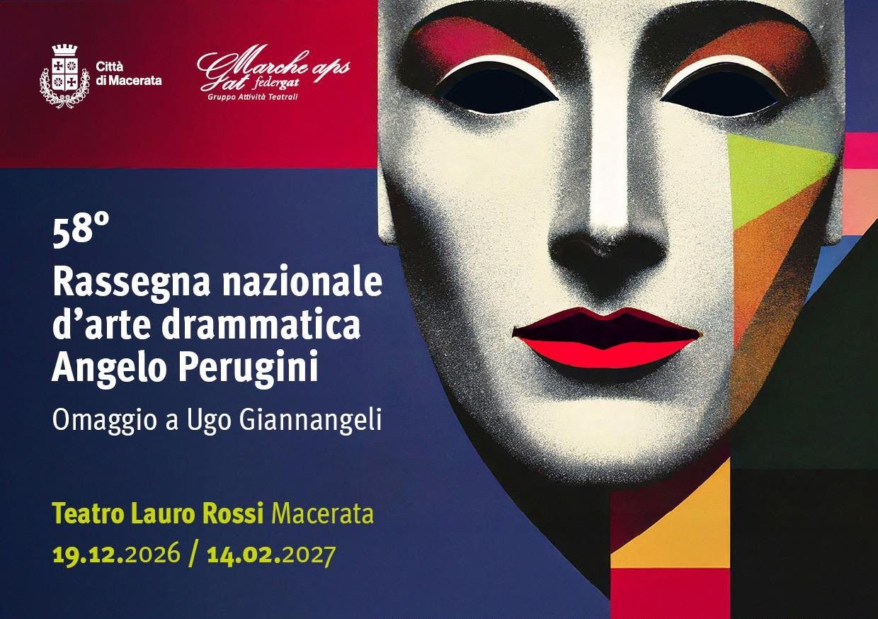 Locandina della 58ª Rassegna Angelo Perugini: un volto-maschera dai colori accesi