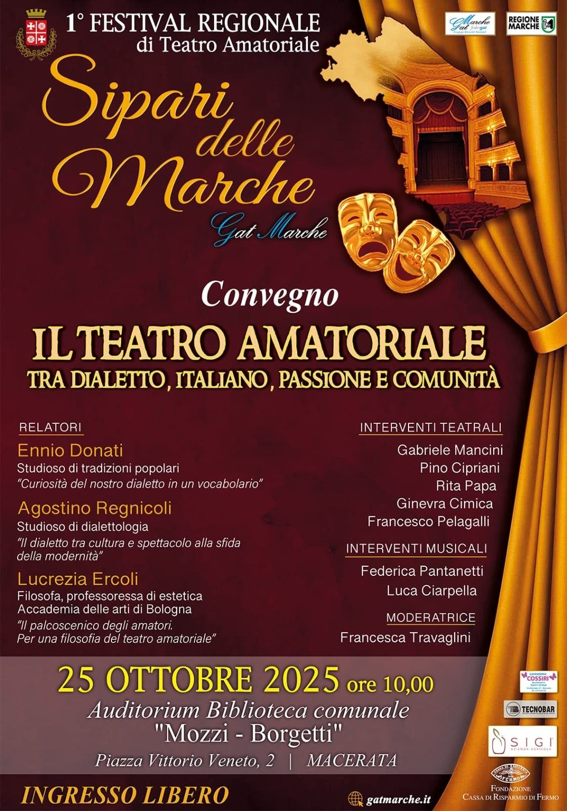 Grafica del festival Sipari delle Marche: sipario dorato, maschere e un teatro storico